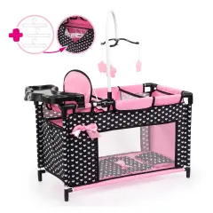 Bayer: Multi Bed - Black, Pink, Hearts - Accessory Set for Dolls Up to 18", Built-in High Chair, 3 Hangers, Pillow, Blanket, Kids Ages 3+