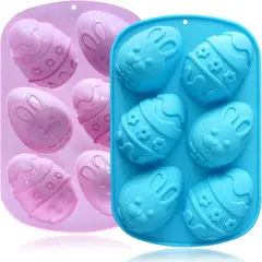 Easter Egg Molds Silicone 3.5 Inch, 2-Pack Chocolate Baking Holiday Mould, Non-Stick BPA Free, Kid-Friendly Soap Rabbit & Floral Designs, Blue & Pink