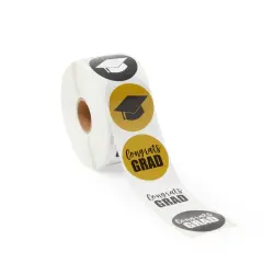 1000 Count Graduation Stickers Roll, Self Adhesive Congrats Grad Cap Invitation Envelope Seals Decal, Class of 2025 Party Supplies (Black, Gold, 1.5 Inch)
