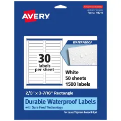 Avery Durable Waterproof Rectangle Labels with Sure Feed, 2/3" x 3-7/16"