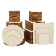 Set of 130 Unfinished Wooden Squares and Circles for Wood Burning Projects, DIY Crafts (3 Sizes/Shape) Brown