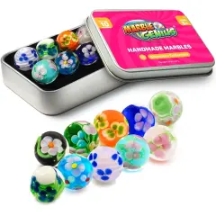 Marble Genius Collectors Marbles, Blossoms, 16mm (⅝ Inch), 10 Handmade Glass Marbles, Gifts for Marble Lovers, Gifts for Kids Ages 3-14