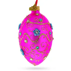 Diamond Swirl Flowers Pink Glass Egg Christmas Ornament 4 Inches