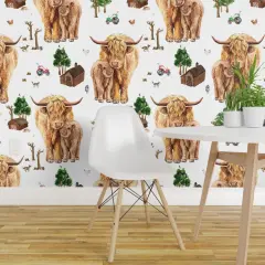 Pre-Pasted Wallpaper 2FT Wide Highland Cow Scottish Shaggy Calf Farm Scotland Barnyard Animal Barn Custom Pre-pasted Wallpaper by Spoonflower