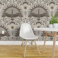 Pre-Pasted Wallpaper 2FT Wide Rustic Bohemian Geese Night Sky Canadian Cabincore Farmhouse Flying Birds Stars Moon Clouds Wingspan Earthy Dots Lines Geometric Lodge Custom Pre-pasted Wallpaper by Spoonflower