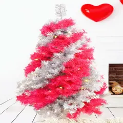 Tree Buddees Pink and Silver Swirl Colored Artificial Christmas Tree - 4 Foot With White LED Lights