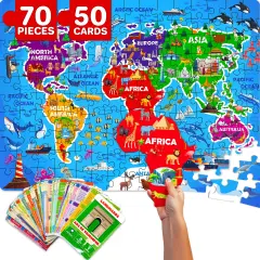QUOKKA World Map Puzzles for Kids Ages 4-6 - 70 Pcs Floor Puzzles for Kids Ages 4-8 Preschool Activities - Includes 50 Cards with 400+ World Facts - Continent-Shaped Jigsaw Puzzle Gift for Girls Boys
