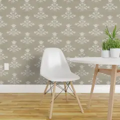 Pre-Pasted Wallpaper 2FT Wide Faux Grasscloth Texture Block Print Botanical Tulip Beige Flower Boho Traditional Classic Grandmillennial Cottagecore Coastal Rustic Farmhouse Custom Pre-pasted Wallpaper by Spoonflower