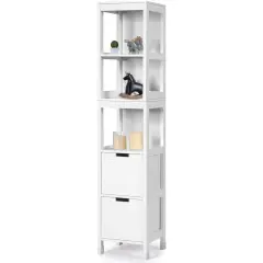 Bathroom Cabinet Tower with 2 Storage Drawers and 3 Shelves in White Wood Finish