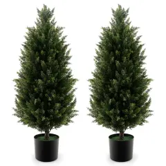 Costway 1/2 Pack 37.5" Artificial Topiary Cedar Tree with Cement Plastic Pot & Realistic Moss