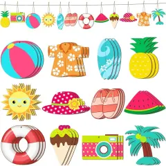 36 Pieces Summer Ornaments for Tree Hawaiian Tree Decorations Summer Wood Hanging Ornaments Hawaiian Beach Wooden Pendant Decorations with String and Holes for Luau Party Supplies