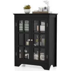 Black Bathroom Linen Cabinet with Glass Doors Adjustable Shelves Freestanding MDF Storage Organizer
