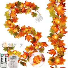 2 Pack Fall Maple Leaves Garland with Pumpkin Lights - 11.5 FT, 40 LED - Orange Green