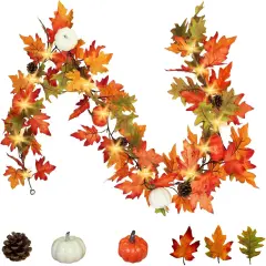 6FT Lighted Maple Leaves with Pine Cone and Pumpkin Fall Garland - 1 PACK