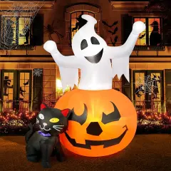 5 FT Halloween Inflatables Outdoor Spooky Pumpkin and Witch' s Black Cat