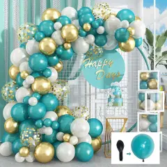Matte Turquoise Blue Pearl White Balloons Garland Arch Kit Metallic Gold Balloon with Gold Confetti Latex Balloon Teal Blue Balloons Chrome Gold Party Decorations