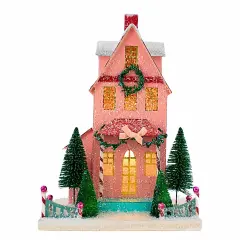 Cody Foster 14.5 Inch Merry Christmas House Christmas Putz House , Christmas Decor Retro Vintage Putz Look Holiday Pink