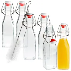 6 Pack 8 oz Swing Top Glass Bottles with Stoppers, Cleaning Brush - Hot Sauce Bottles for Vanilla Extract, Infused Oil, Syrup, Homemade Kombucha Clear