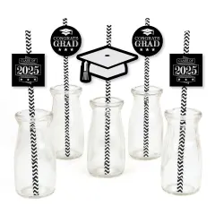 Big Dot of Happiness Graduation Cheers Paper Straw Decor - 2025 Graduation Party Striped Decorative Straws - Set of 24