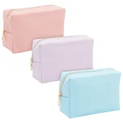 3 Pack Faux Leather Makeup Bag with Zipper - Small Cosmetic Pouch for Travel and Cosmetic Organizer (3 Pastel Colors) Multicolor