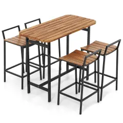 5 Piece Acacia Wood Patio Bistro Set Including Bar Height Table and 4 Chairs with Metal Frame