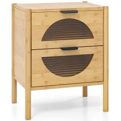 Bamboo Nightstand with 2 Storage Drawers and Reeded Tempered Glass Fronts-Natural