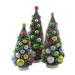 Bethany Lowe 13.0 Inch Merry & Bright Bottle Brush Christmas Decorative Tree Set , Christmas Decor Set Of 3 Snow Covered Multicolored