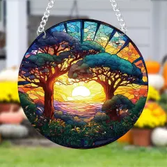 Summer Forest Trees Sunset Stained Acrylic Window Hanging Panels Indoor Outdoor Round Windows Hanger Kitchen Bedroom Garden Wall Art Decor Gifts