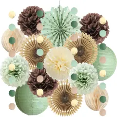 Sage Green and Brown Party Decorations Baby Shower Decorations Sage Green Beige Brown Tissue Paper Pom Poms Lanterns for Sage Green and Brown Birthday Bridal Shower Wedding Room Decor