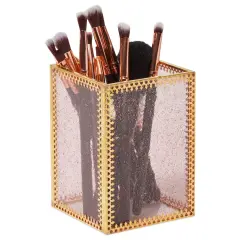 Gold Makeup Brush Holder for Vanity, Vintage Brass Frame and Pink Glass Storage Organizer