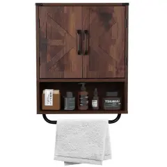 Modern Wooden Bathroom Wall Storage Cabinet with Doors and Towel Rack, Adjustable Shelves Brown