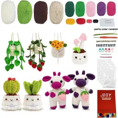 Crochet Kit for Beginners - Complete Amigurumi Craft Set with 8 Hanging Potted Plants & Strawberry Cow Family - Step-by-Step Video Tutorials Included(40%+ Yarn)