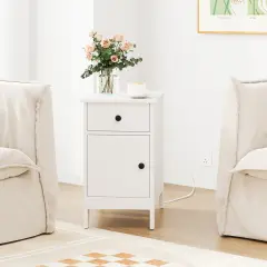 Flip Top Beside End Table with Charging Station Power Outlets and Pull-Out Drawer and Cabinet White
