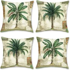 Tropical Palm Tree Throw Pillow Covers 20 x 20 Inch Vintage Green Leaf Decorative Pillow Cases Polyester Linen Cushion Covers for Sofa Couch Indoors&Outdoors Decor Set of 4