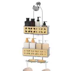 3-Tier Hanging Shower Caddy Over Shower Head &ndash; Rustproof Bathroom Organizer with Soap Holder, Bamboo Board & Hooks, No-Drill Installation (28.7"H, 40 lb Capacity) Silver