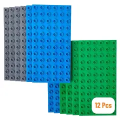 12 Pack Strictly Briks Large Building Blocks Baseplates, Big Bricks Stackable Plates 7.5 x 3.75 in for Kids, 100% Compatible with All Major Brand Bigger Size Bricks, Blue, Green & Gray, Ages 3-14 Multicolor