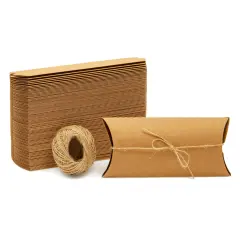 100-Pack Pillow Boxes with Jute Twine - Kraft Paper Pillow Box for Jewelry, Wedding Party Favor, Pen, Gift Card (7.5x3.7 In)