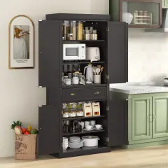 Freestanding Tall Kitchen Cabinet with 3-Position Adjustable Shelves and Large Capacity Drawer Dark Brown