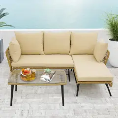 3 Pieces L-Shaped Patio Sofa with Tempered Glass Coffee Table with Metal Frame Beige