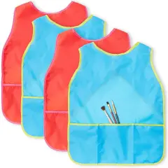Bright Creations 4 Pack Kids Apron for Ages 3&ndash;14, Waterproof Smock for Painting and Crafts (Red and Blue)