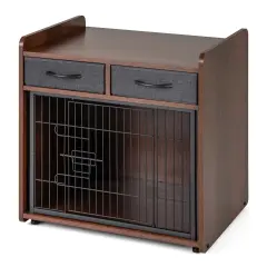 Brown Dog Crate Cage End Table with 2 Fabric Drawers Ideal for Small or Medium Pets