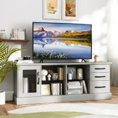 63 Inches Entertainment Center with 3 Storage Drawers and Removable Glass Shelves Gray