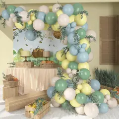 The Baby Shower Decorations, 13Ft Sage Green Balloon Arch Kit 12In Yellow Dusty Blue White Sand Balloons for Birthday Party Decorations