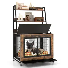 MDF Metal Dog Crate with Storage Shelves and Wheels and Flip-Top Rustic Brown