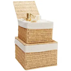 Juvale 2-Pack Storage Baskets with Lid - Wicker Shelf Baskets for Bathroom & Home Organization - Decorative Multipurpose Storage Boxes for Household Organization Brown