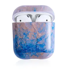 For Apple AirPods 2 / 1 Case, Blue and Gray Marble Protective Cover with Keychain for Women Men