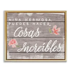 Stupell Industries Ni&ntilde;a Hacer Cosas Incre&iacute;bles Framed Floater Canvas Wall Art Gold Floater Frame