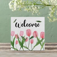 Flower Tulips Summer Tabletop Decor Welcome Wood Box Sign Art Blocks Desk Sign Rustic for Shelf Tabletop Home Decor 5 X 5 Inch