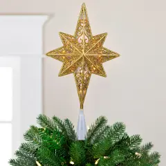 Northlight Lighted Frosted Clear and Gold Scroll Star of Bethlehem Christmas Tree Topper - 11" - Clear Lights