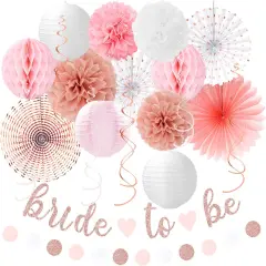 Light-Pink Rose-Gold Bachelorette Party-Decorations - 21pcs Baby Bridal Shower Banner Garland, Bride To Be Paper Streamers Lanterns,flower Tissue Pom Poms Fan Supplies,Wedding Backdrop Decor
